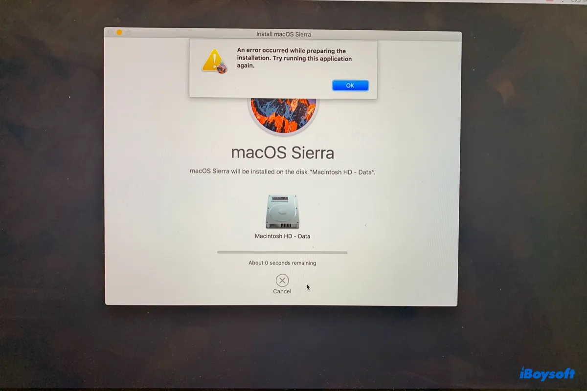 Resolución de un error al preparar la instalación en Mac