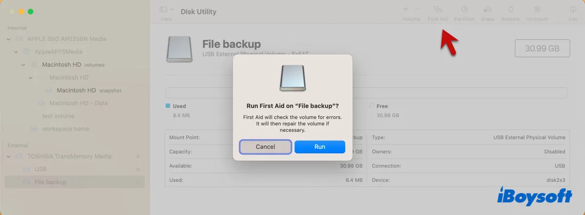 Reparatur des exFAT-Laufwerks auf dem Mac im Festplatten-Dienstprogramm