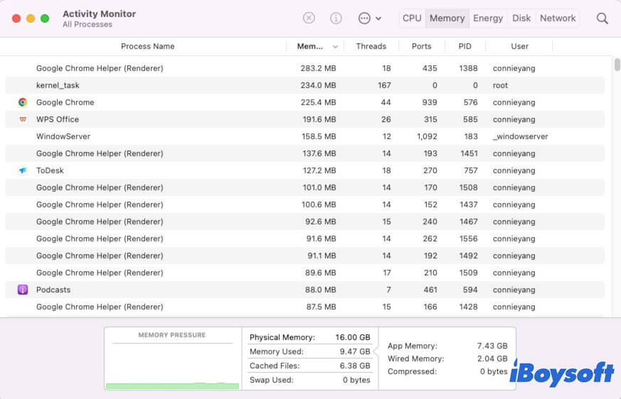 check memory usage in Activity Monitor