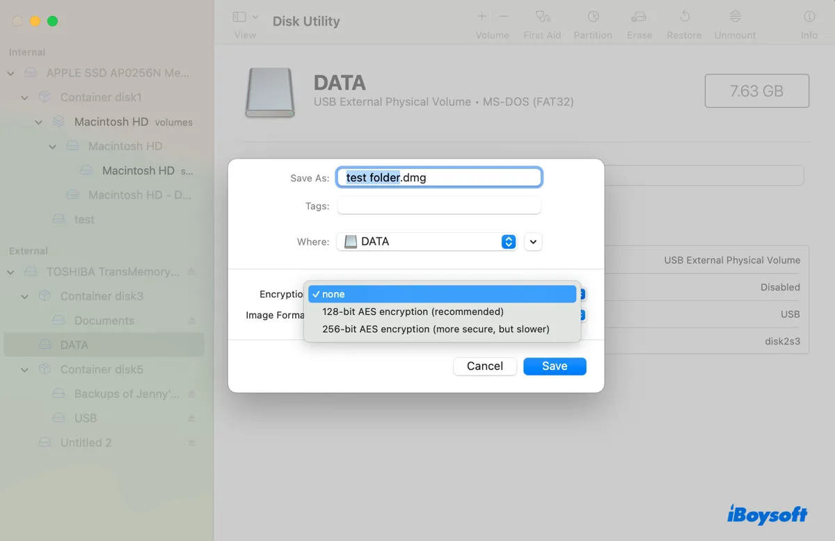 Choose the encryption method to protect the folder on external hard drive