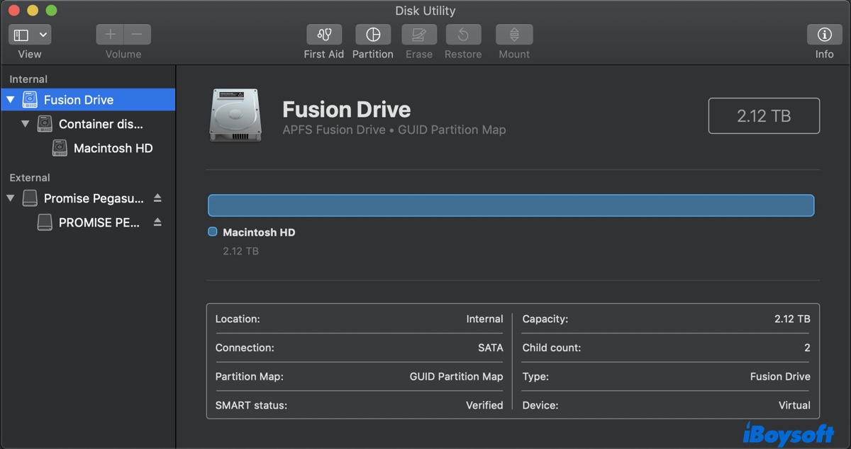 Fusion Drive als APFS formatiert im Festplatten-Dienstprogramm