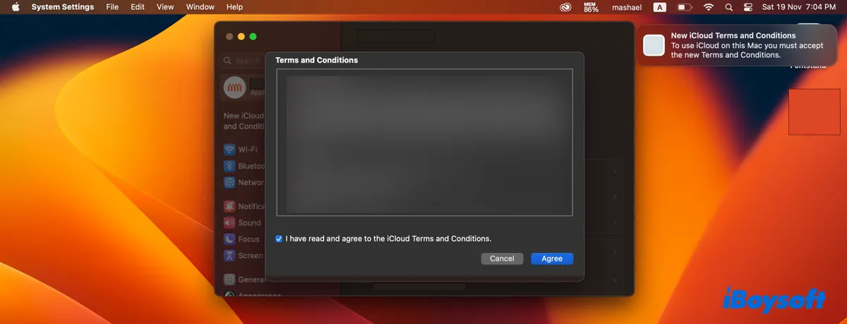 Nouveaux Termes et Conditions iCloud qui s'affichent en permanence sur Mac