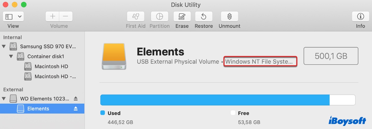 Check the file system of the external hard drive on Mac