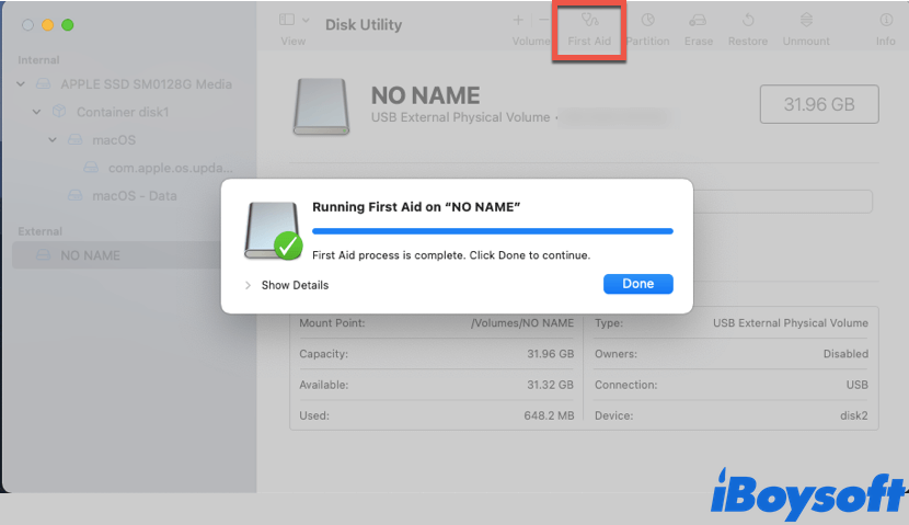 arreglar unidad USB de solo lectura en Mac usando First Aid