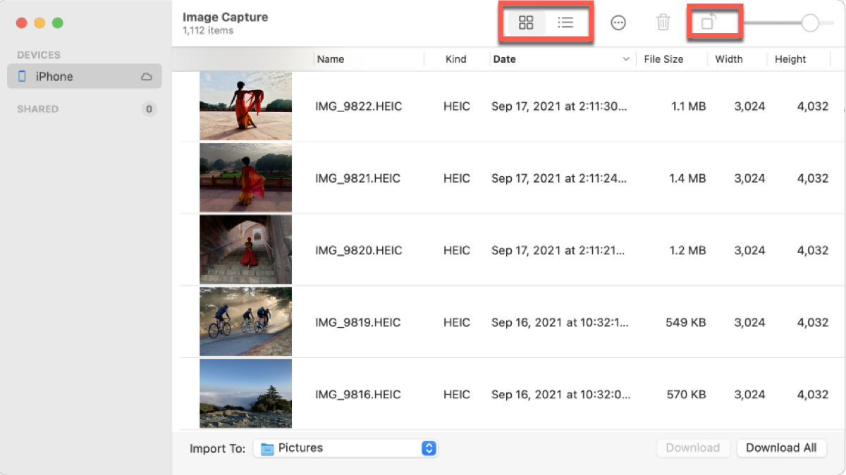 Change how the thumbnails are shown in Image Capture on Mac or MacBook