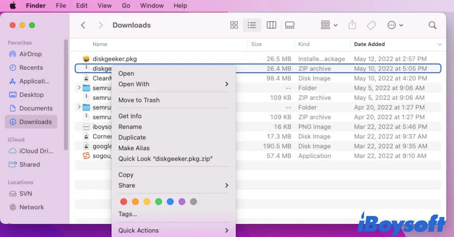 right click to unzip files on Mac