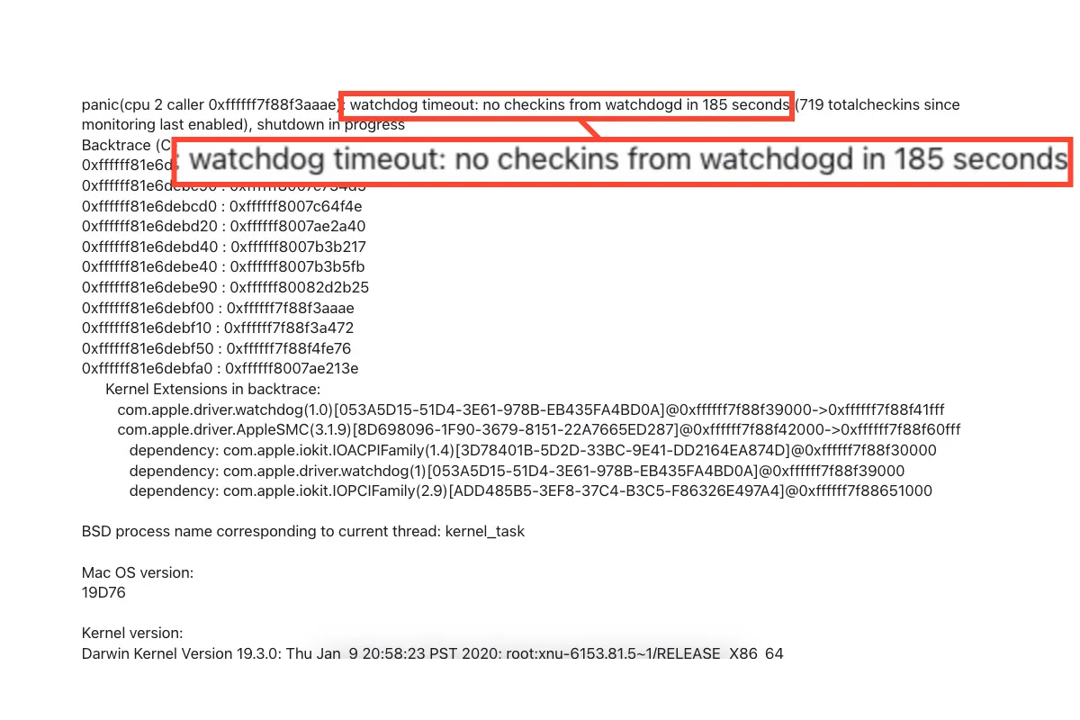 résoudre Watchdog timeout no check-ins from watchdogd on Mac