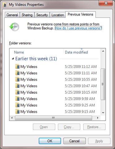 Wiederherstellen gelöschter Dateien mit der Funktion Vorherige Versionen