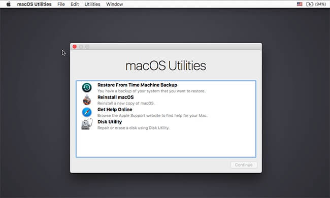 das macOS Dienstprogramme Fenster das Sie sehen wenn Sie in den macOS Wiederherstellungsmodus booten