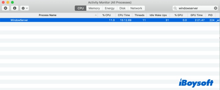 Finden Sie den Prozess windowserver im Mac Aktivitätsmonitor