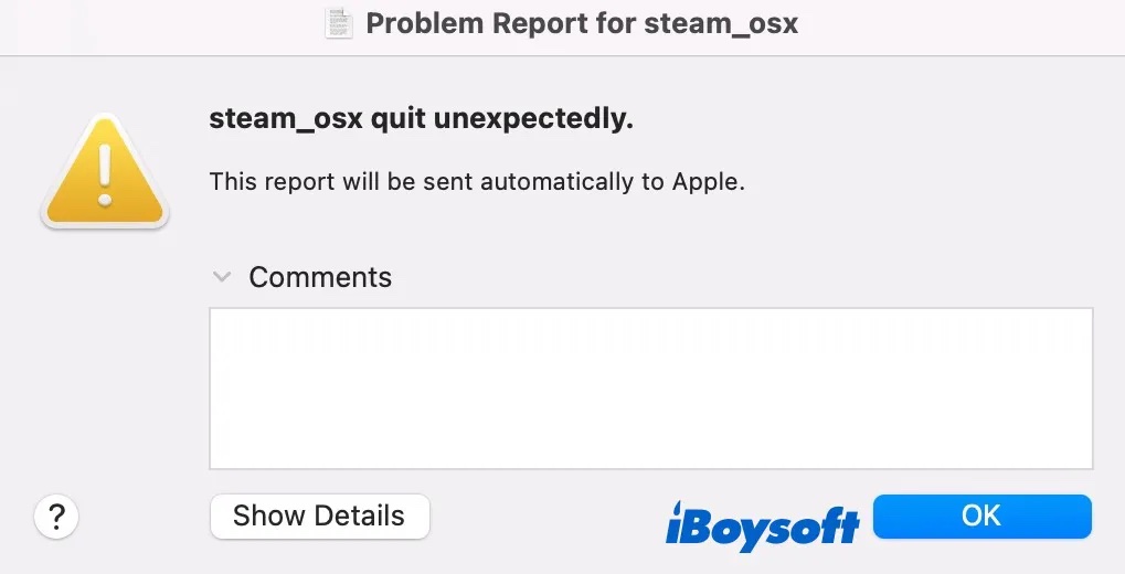 Die Meldung steam osx wurde unerwaret  auf dem Mac beendet
