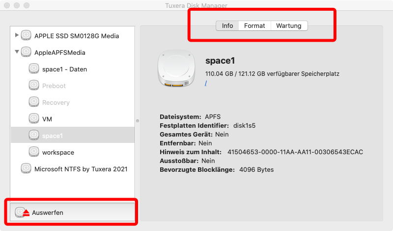 Schnittstelle von Tuxera NTFS für Mac