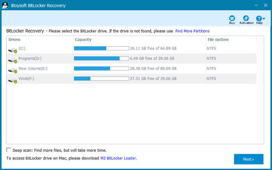 Wählen Sie das BitLocker Wiederherstellungsmodus in iBoysoft Datenrettung