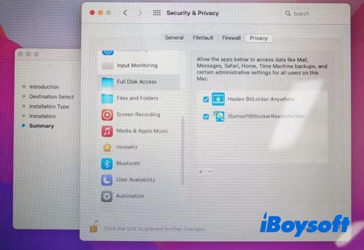 iSumsoft BitLocker for Mac için tam disk erişimine izin veriliyor