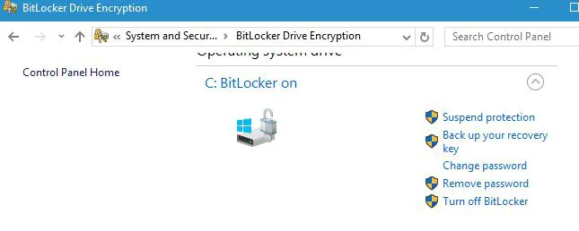 BitLocker保護の一時停止