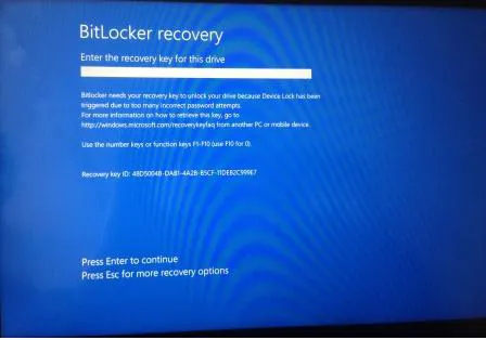 Tela de recuperação do BitLocker - pressione Esc