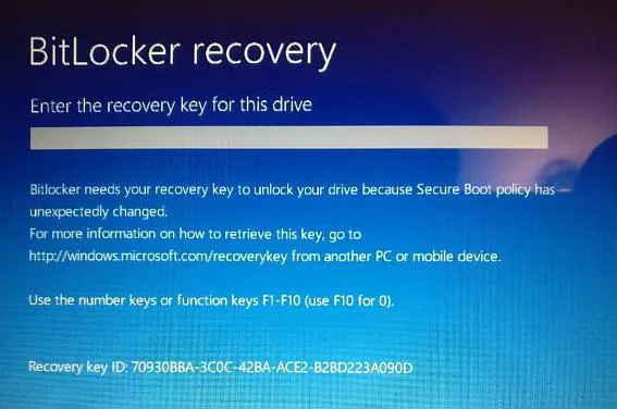 BitLocker recovery screen asks for BitLocker recovery key