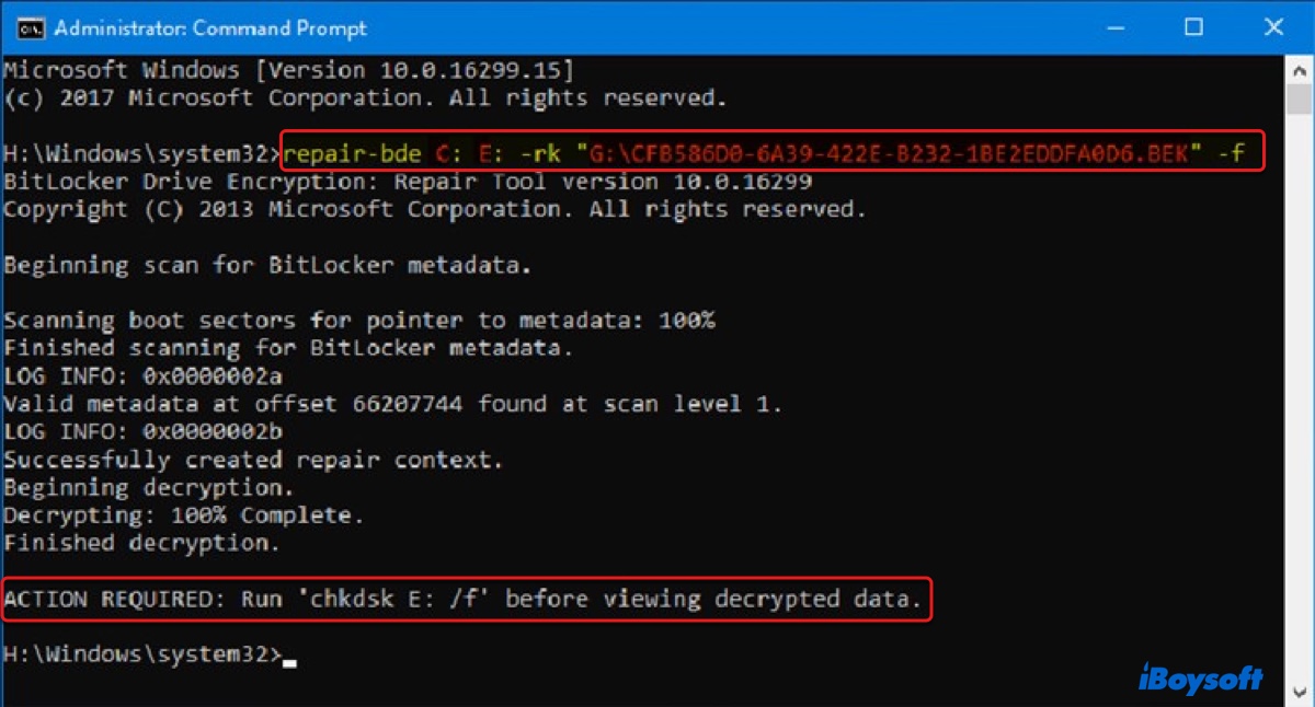 How to use BitLocker Repair Tool on Windows with BitLocker recovery key file path