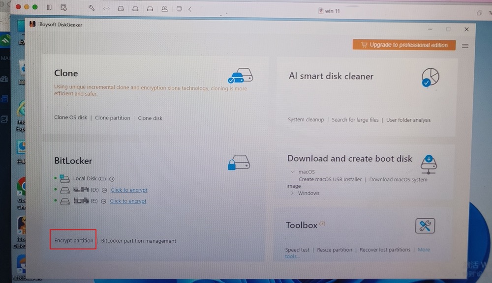 Opción para cifrar una partición con BitLocker
