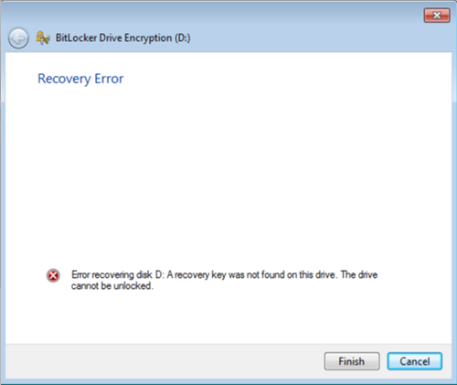 Error recovering disk: A recovery key was not found on this drive