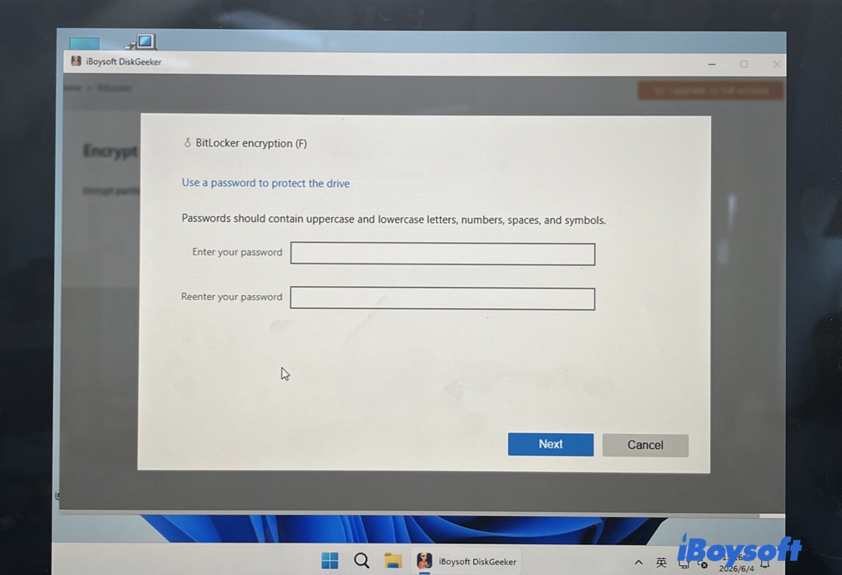 USB bellek için parola girme ekranı