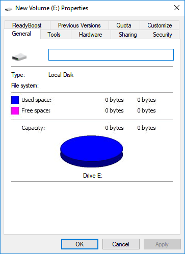hard drive show 0 bytes