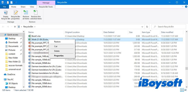 recover Excel file from Recycle Bin