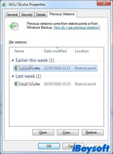 restore deleted Excel files using Previous Versions in Windows