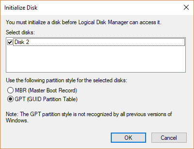 initialize disk in Windows selecting MBR or GPT