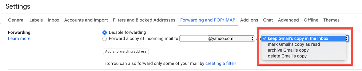 check Gmail forwarding settings