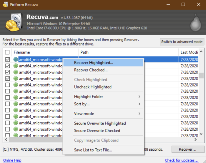 Recover files with Recuva