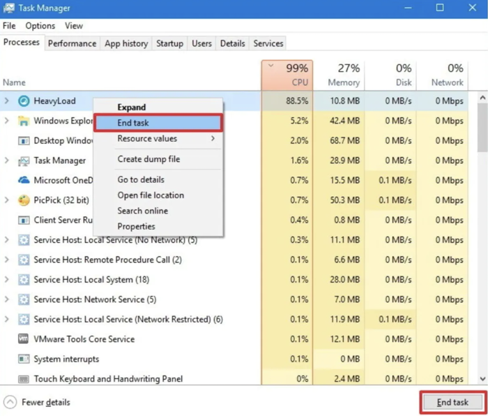 Close high CPU task in Task Manager