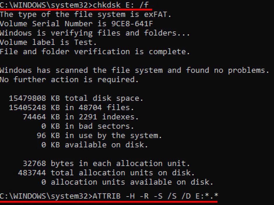 recuperación de datos perdidos de USB flash drives con CMD
