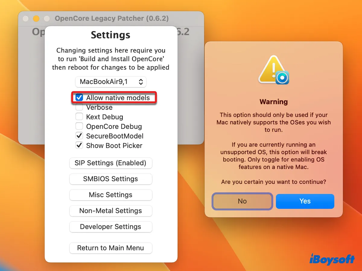 Select allow native models to use the bootable installer on your Mac