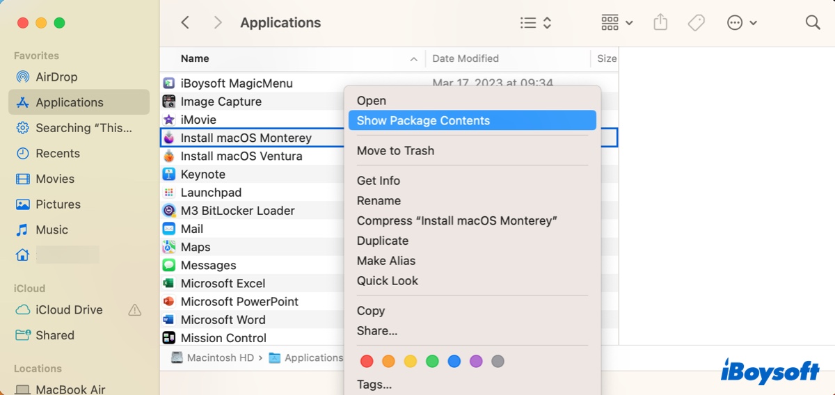 Show package contents of macOS Monterey installer