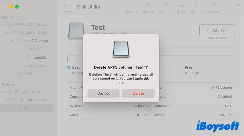 eliminar volumen en Utilidad de Disco en Mac