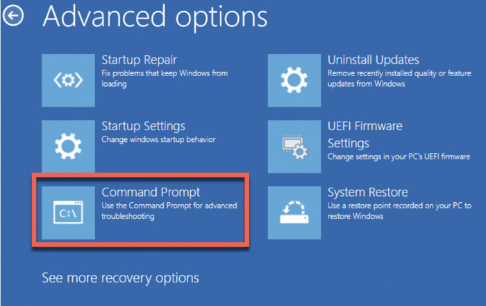 Command Prompt  in Advanced recovery options