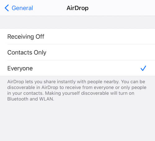 Three settings of AirDrop