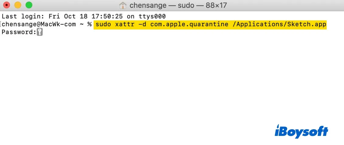 Fix Apple cannot check it for malicious software with Terminal