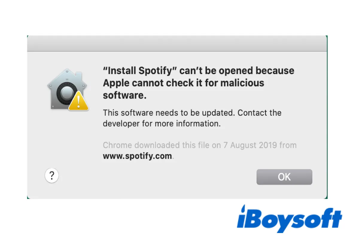 Fix the Apple cannot check it for malicious software error