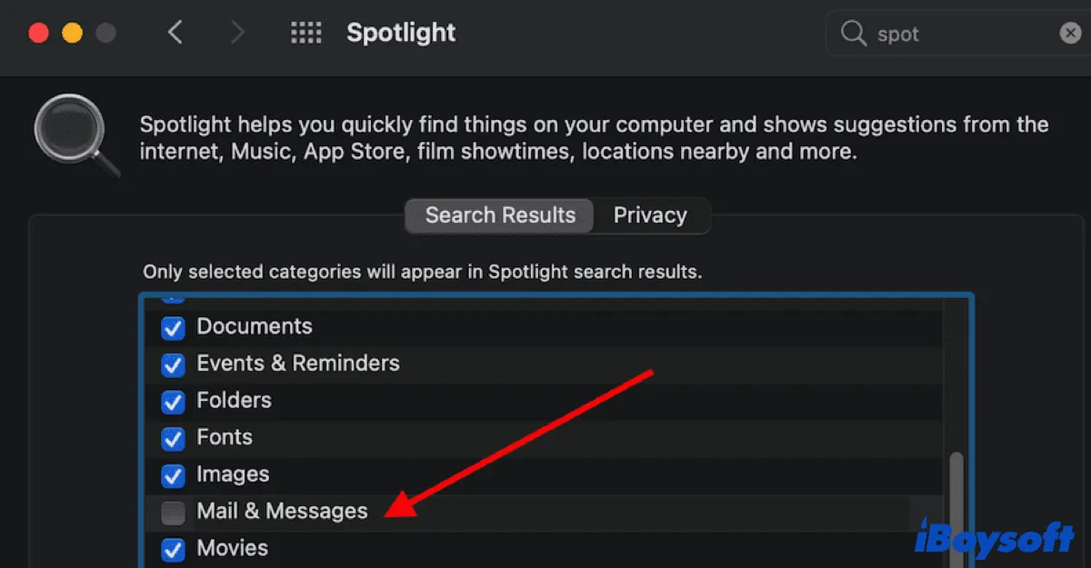Deselect Mail and Messages from Spotlight search on Monterey