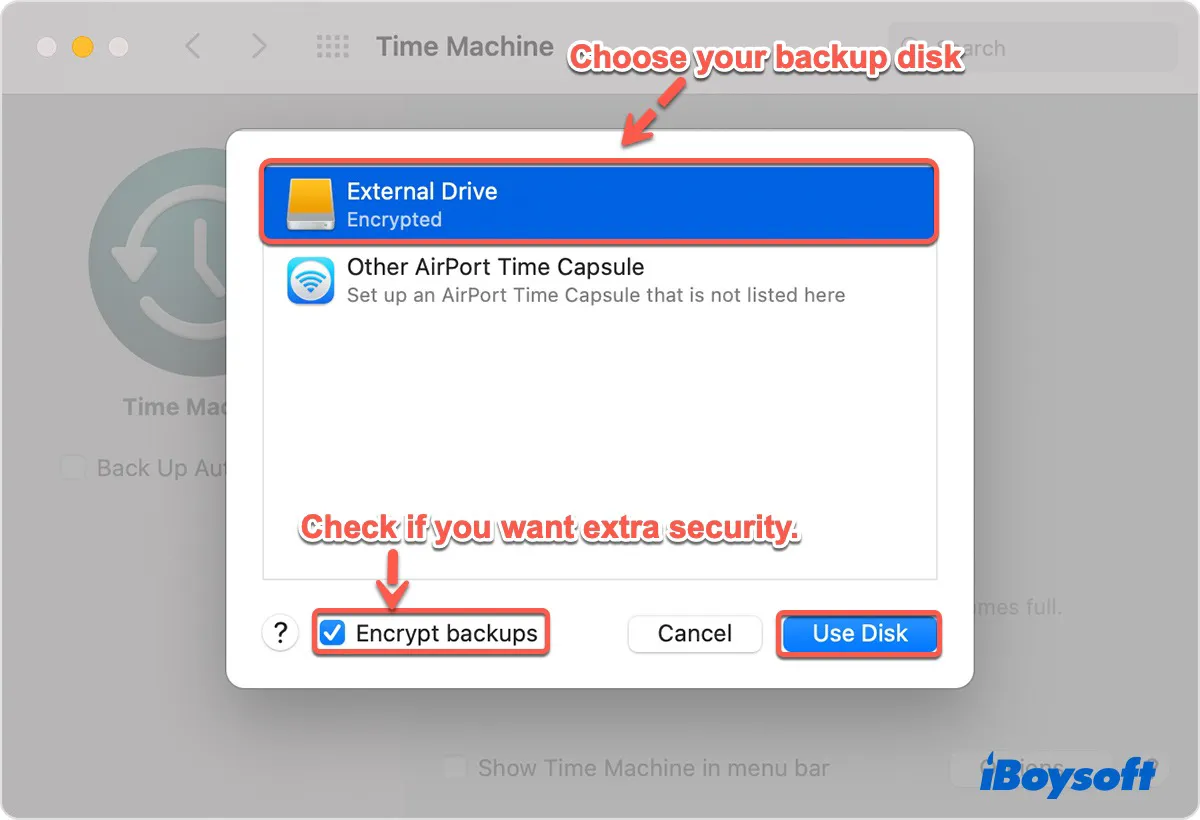 Choose Time Machine backup disk