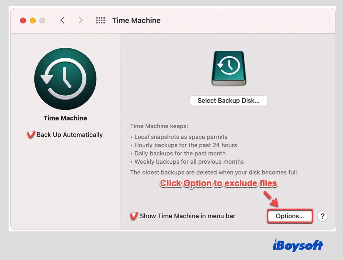 Time machine Option to exclude files