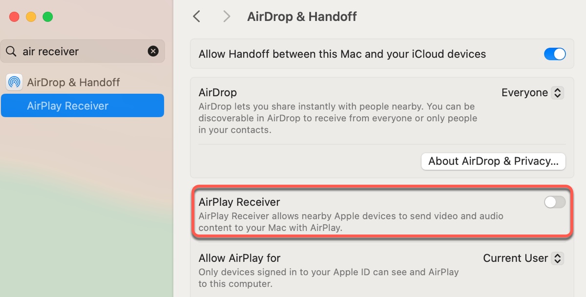 Como desativar o Receptor AirPlay