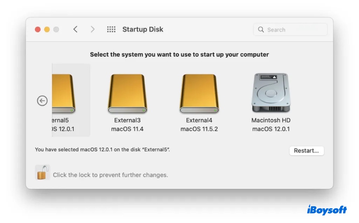 Select the external drive as the startup disk