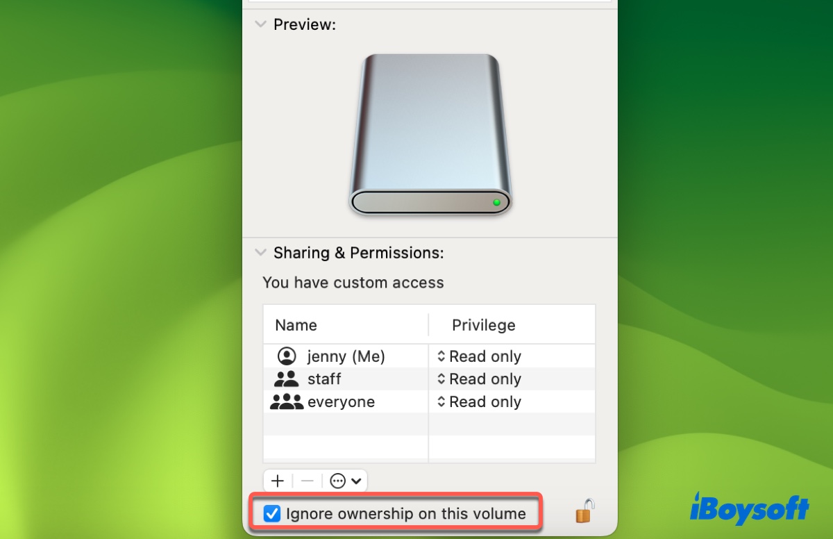 Ignore ownership on the bootable USB on Mac