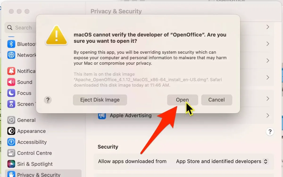 Confirm to open apps from unidentified developers on macOS Ventura