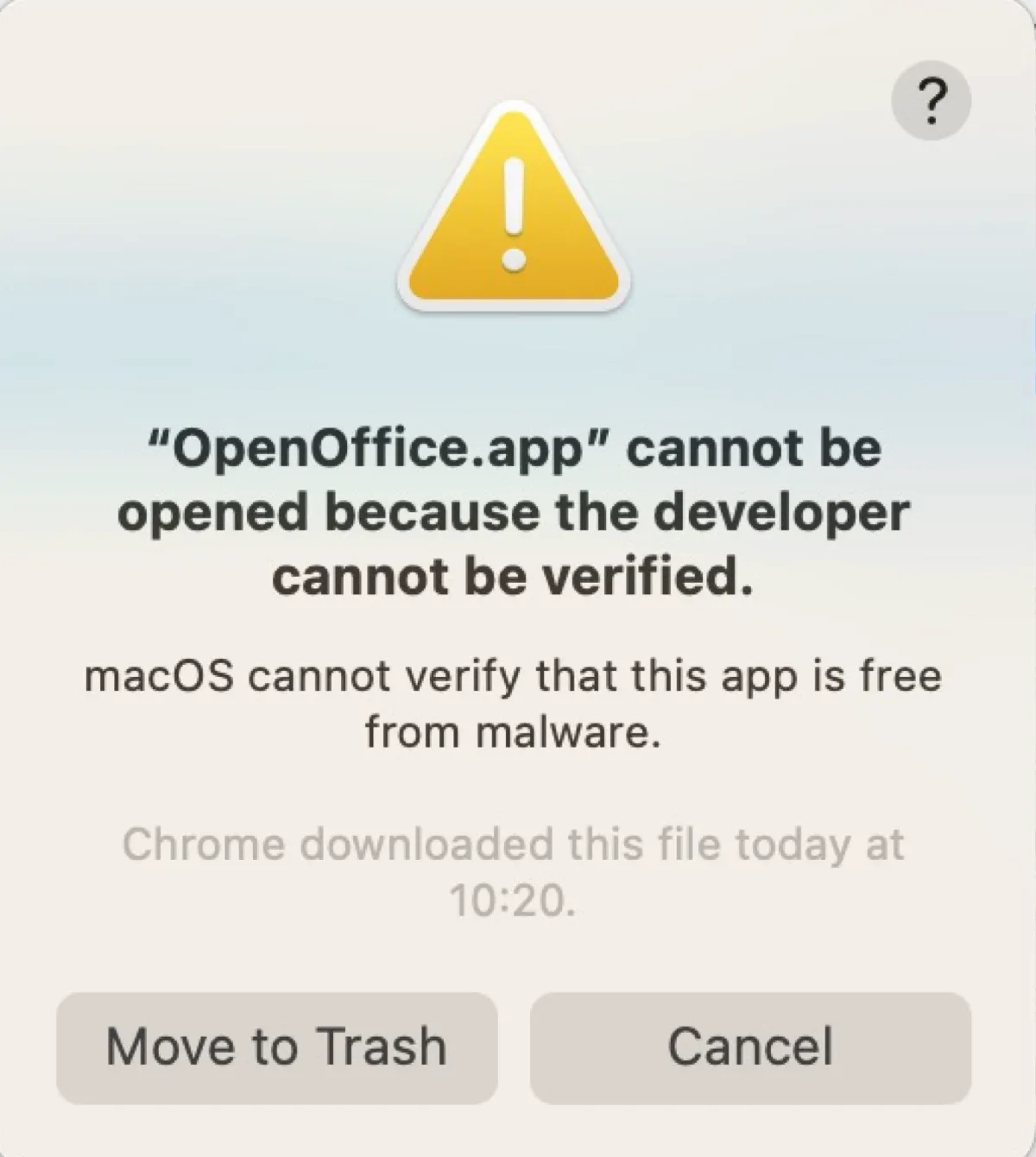 O erro dizendo que o aplicativo não pode ser aberto porque o desenvolvedor não pode ser verificado