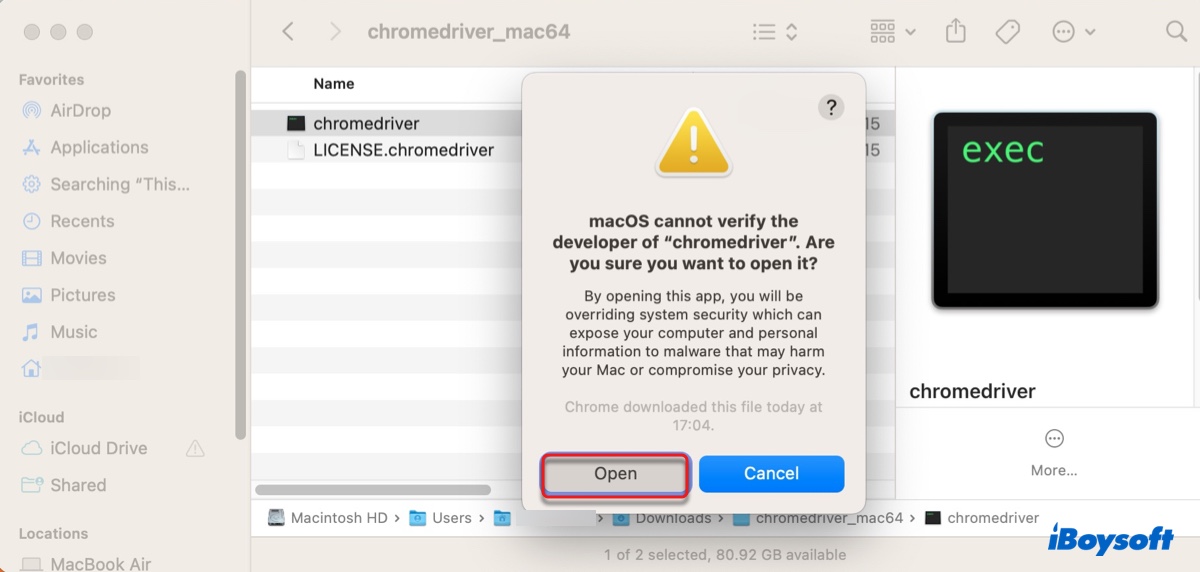 Cliquez sur Ouvrir pour confirmer que vous souhaitez ouvrir l'application provenant d'un développeur non vérifié sur Mac