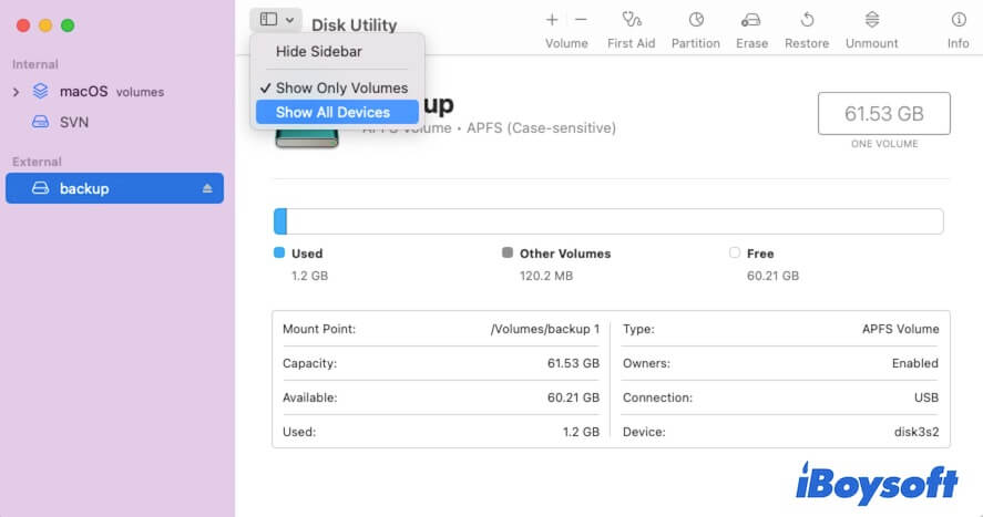 show all devices in Disk Utility